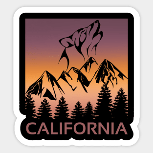 California Sunset Wolf Howling at The Moon Trees and Mountains Sticker